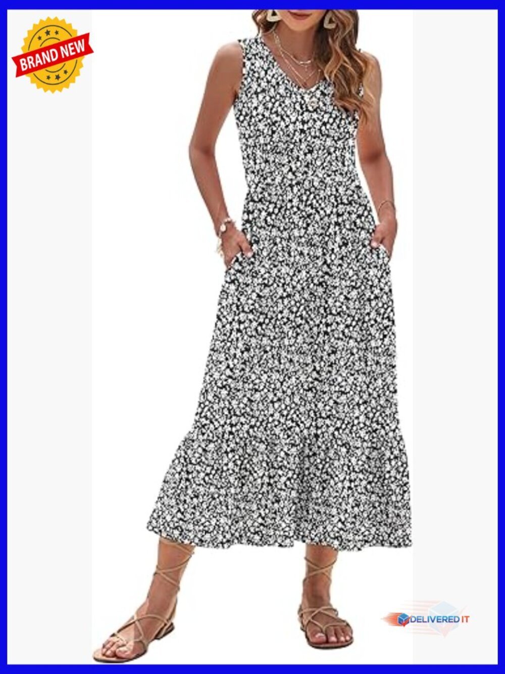 Sleeveless V-Neck Maxi Sundress with Pockets Flowy Tiered